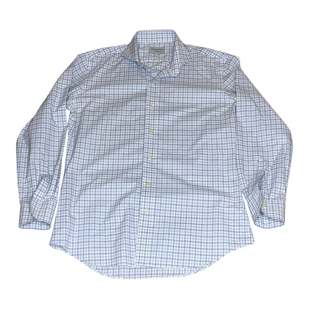 Ledbury Fine Shirting Mens XL Purple Blue Gingham Check Cotton Button Down Shirt